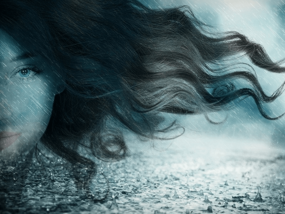 Alegoría a rostro de mujer y lluvia.