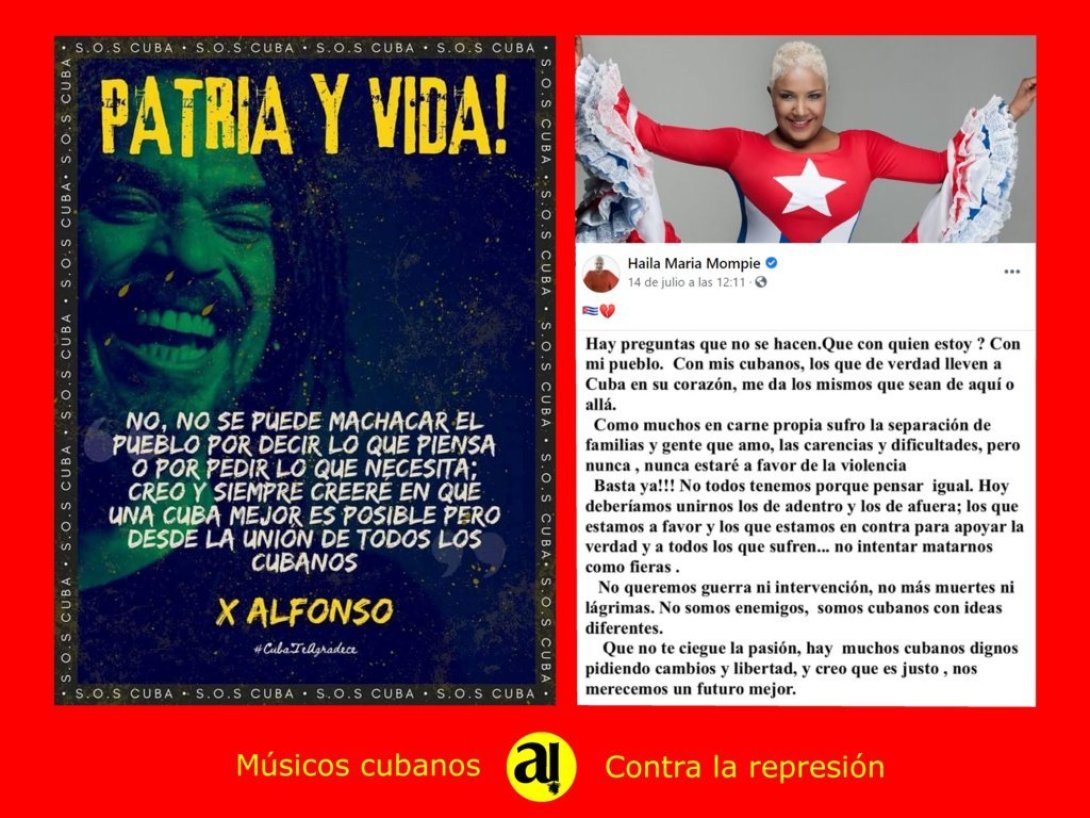 Postal de músicos cubanos que se oponen a la represión. X Alfonso, Haila María Mompié.