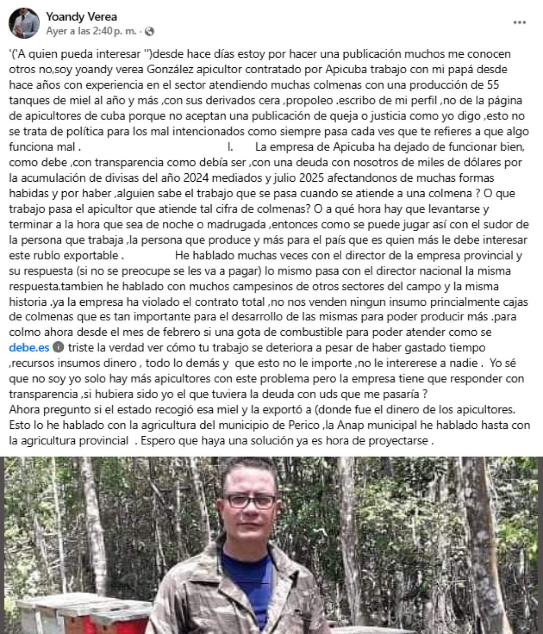 Publicación en Facebook del apicultor cubano Yoandi Verea (27 de abril de 2026).