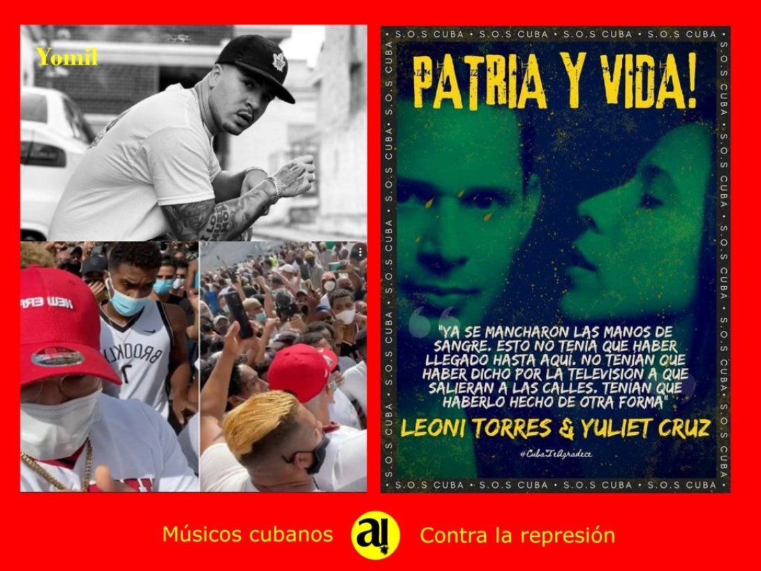 Postal de músicos cubanos que se oponen a la represión. Yomil, leonis Torres y Yuliet Cruz.