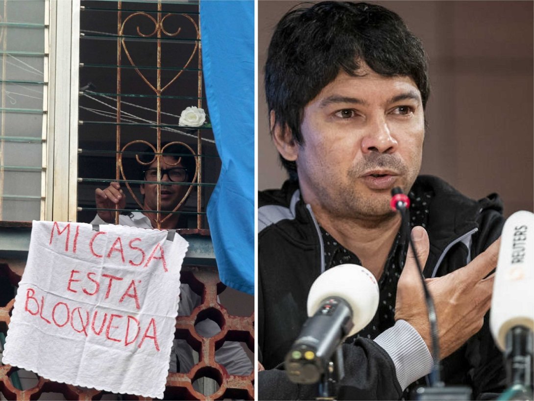 Yunior García en dos momentos: asediado en su hogar (Cuba, 15 de Noviembre), y en conferencia de prensa en Madrid (18 de noviembre).