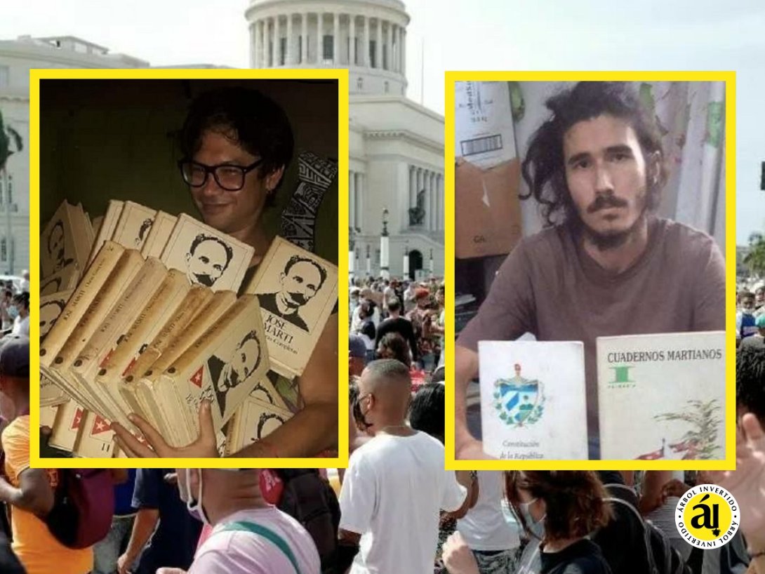 Yunior García y Leonardo Romero son dos jóvenes reprimidos en Cuba, con obras de José Martí.