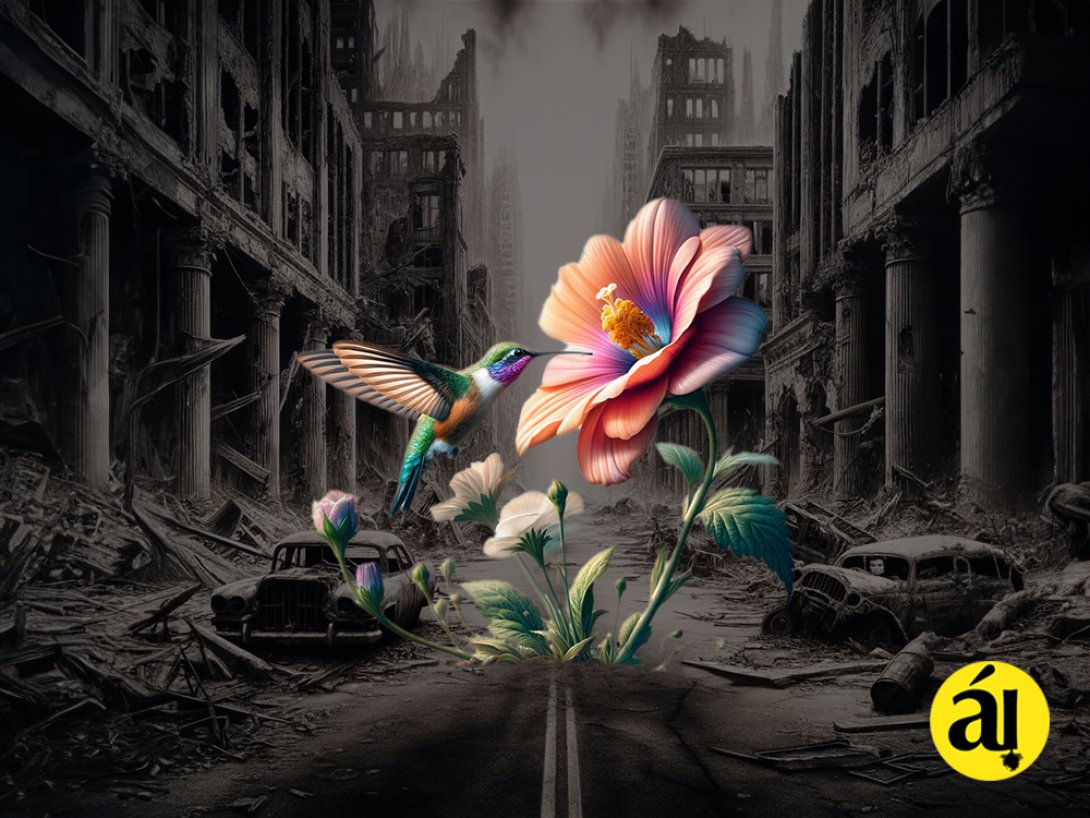 Zunzún polinizando un a flor en una ciudad destruida