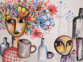 Ejercicio de botellas, jarros  y mujeres con flores en la cabeza. Acuarela y pastel.