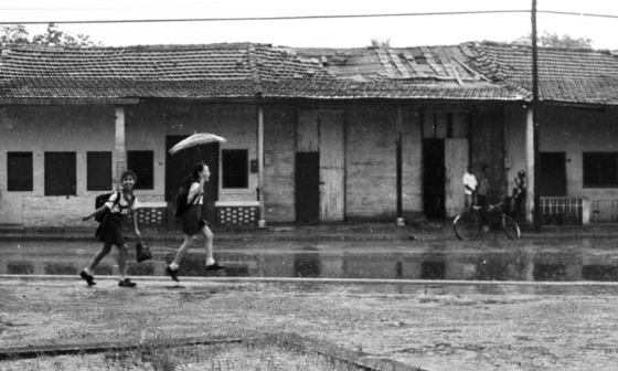 Niñas caminando alegres bajo la lluvia. 