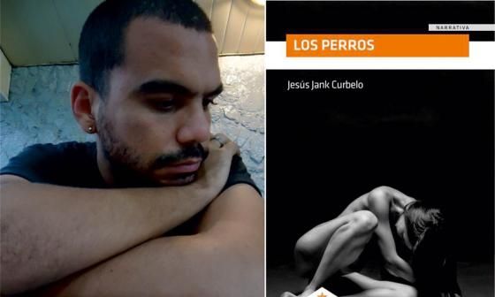 Escritor Jesús Jank Curbelo y la portada de su libro Los perros 