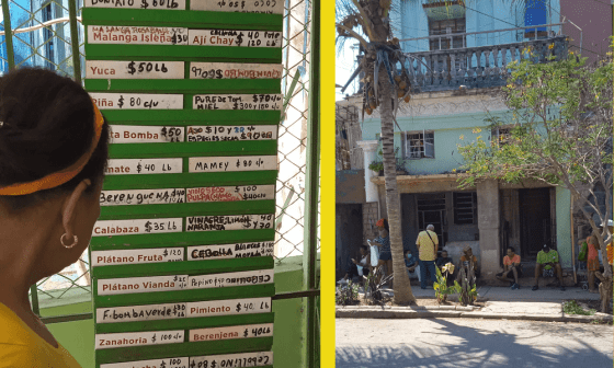 Collage muestra dos imágenes en Cuba: una mujer mira los precios en una tablilla en el Agromercado, las personas esperan en una cola.