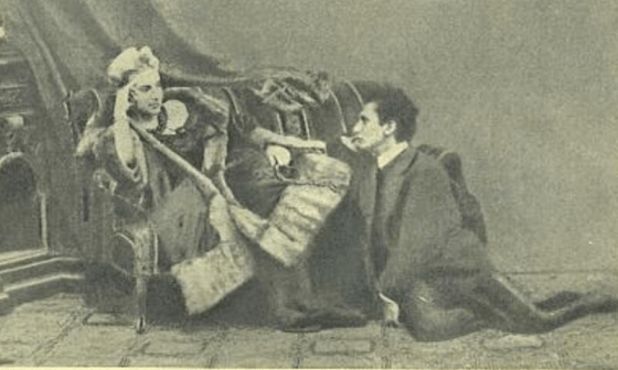 Imagen de Fanny Pitor y Leopold von Sacher-Masoch. Este último está sentado inclinado a los pies de la primera.