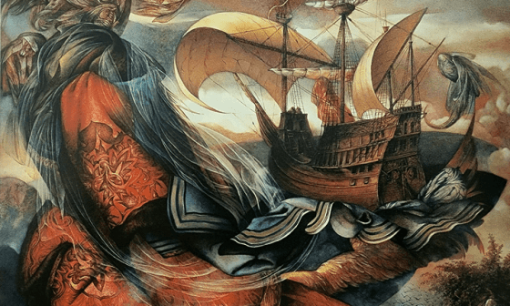 Serie Boscomanía, "El viaje": un barco navega por un mar lleno de criaturas surrealistas.