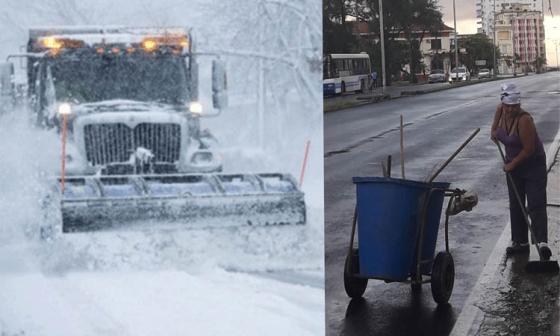 Barriendo nieve en La Habana