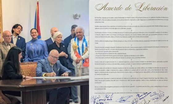 Los activistas opositores cubanos Rosa María Payá y Orlando Gutiérrez-Boronat firmando el "Acuerdo de Liberación" para democratizar Cuba (Miami, 2 de marzo de 2026) y documento del Acuerdo.