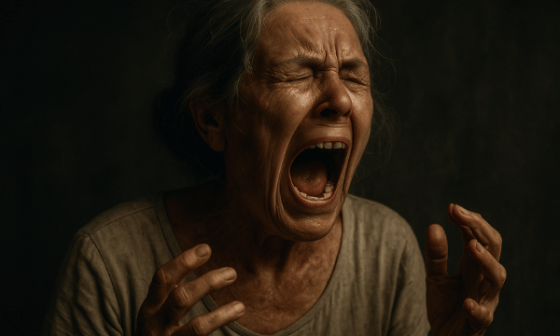 Imagen creada con IA que muestra una mujer de 76 años en un grito de dolor y frustración.