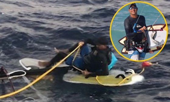 El cubano Elián López al llegar a EEUU en la tabla de surf.