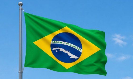 Bandera de Brasil con el mapa de Cuba sustituyendo las estrellas.