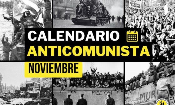 Calendario anticomunista. Efemérides de noviembre. Tropas cubanas en Angola, rebeldes húngaros sobre un tanque capturado (1956), protesta (Bulgaria, 1989), invasión soviética a Finlandia, muro de Berlín (1989).