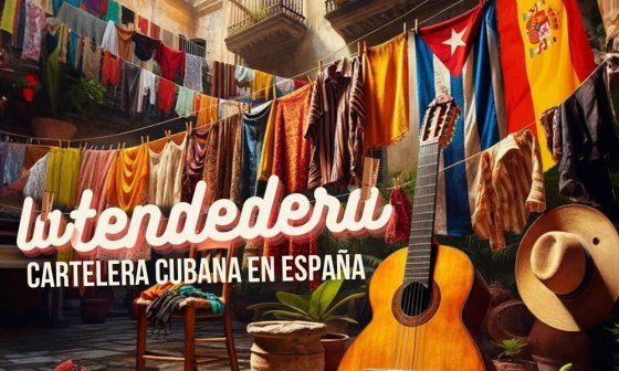 Portada la tendedera cartelera cubana en España. Patio cubano con bandera cubana