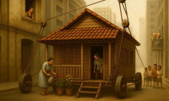 Una casa de madera es transportada con ruedas por el medio de una calle urbana. Cuento de Félix Sánchez "La montaña y la ardilla"