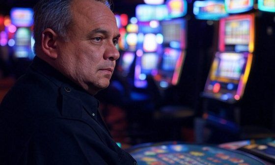 Jugador en un casino con luces de neón.