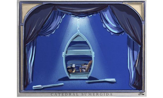 Un telón abierto muestra un bote iluminado guardando objetos personales en un fondo azul