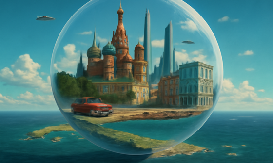 Bola de cristal con una ciudad futurista encima de mapa de Cuba