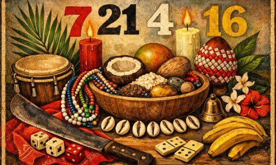 La charada afrocubana. Números y símbolos. Altar de religión afrocubana con alimentos y caracoles y otros objetos rituales.