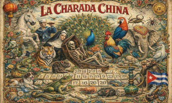 Cartel vintage inspirado en la Charada China en Cuba, sus números y sus "bichos" o símbolos.