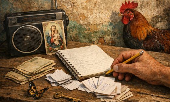 Imagen inspirada en el juego de la bolita y la charada cubana. Apuntador, libreta de listero, símbolos como gallo y mariposa.