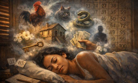 Mujer cubana duerme y sueña con símbolos que son números de la charada cubana.