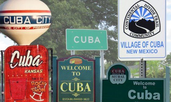 Collage de carteles de ciudades que se nombran Cuba en Estados Unidos.