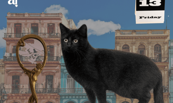 Gato negro, espejo roto y calendario en viernes 13 sobre La Habana.