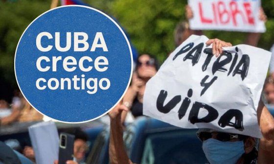 Protesta en Cuba con logo de Cuba Crece Contigo.