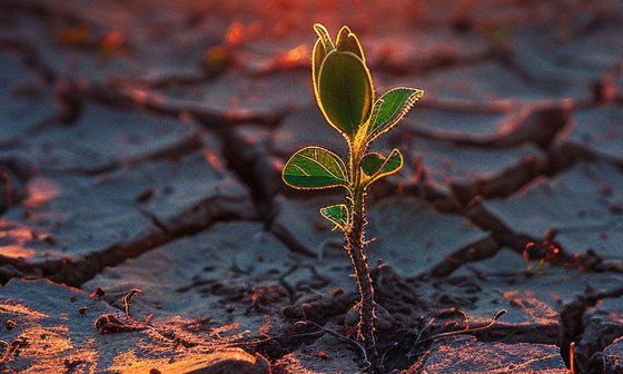Planta emerge de la tierra seca.