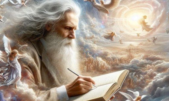 Un hombre escribe en un libro desde el cielo.