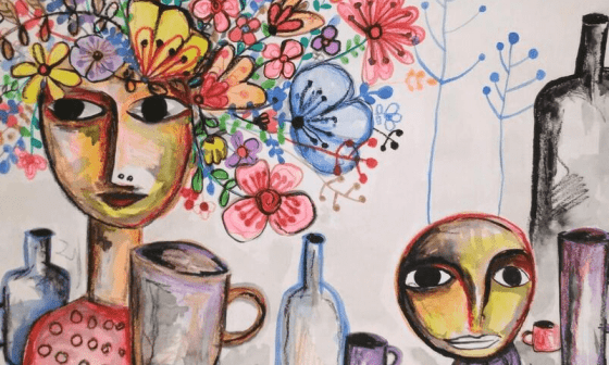 Ejercicio de botellas, jarros  y mujeres con flores en la cabeza. Acuarela y pastel.