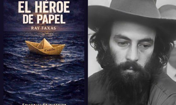 Cubierta de la novela "El héroe de papel" (2026) de Ray Faxas y foto de Camilo Cienfuegos.