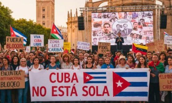 Foto publicada por "Razones de Cuba" (vinculada a la Seguridad del Estado) de una supuesta manifestación a favor del régimen en Sevilla, España (2026).