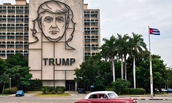 Imagen generada con inteligencia artificial en la que se sustituye la efigie del Che Guevara por la de Donald Trump en la Plaza de la Revolución, La Habana.