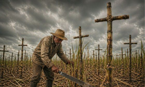 Imagen simbólica de un campesino cubano cortando caña hasta la muerte.