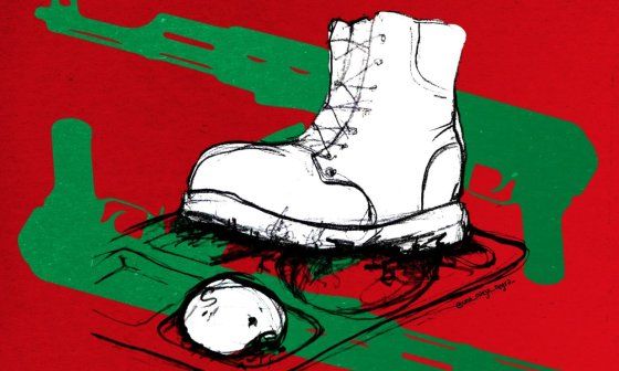 Diseño con dos armas largas, una bota militar y un pedazo de pan