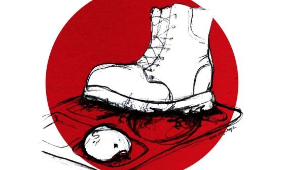 Diseño con una bota militar y un pedazo de pan.