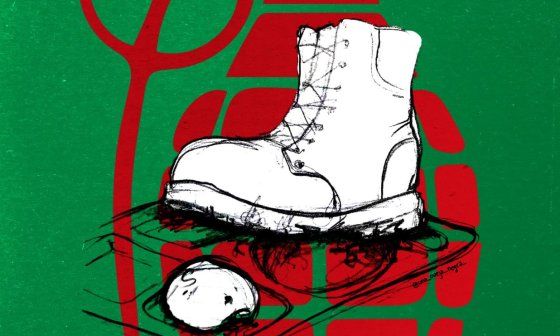 Diseño con una bota militar, un pedazo de pan y una granada