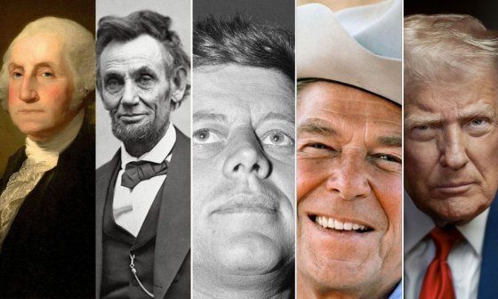 Presidentes de Estados Unidos: George Washington, Abraham Lincoln, John F. Kennedy, Ronald Reagan y Donald Trump.