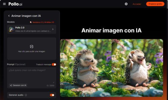 Interfaz de Pollo AI para animar una imagen con inteligencia artificial, con un ejemplo visual de dos erizos y un panel para cargar una imagen.