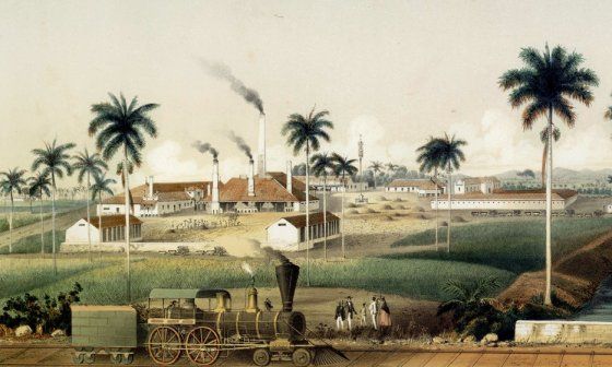 "Ingenio Acana". Grabado de Eduardo Laplante. Lámina del libro "Los ingenios" (La Habana, 1857).