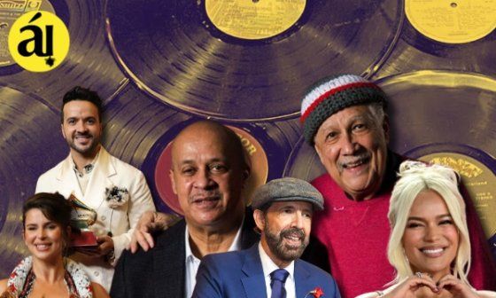 Al fondo, de izquierda a derecha: Luis Fonsi, Hilario Durán y Paquito de Rivera; al frente, de izquierda a derecha, Nathy Peluso, Juan Luis Guerra y Karol G.