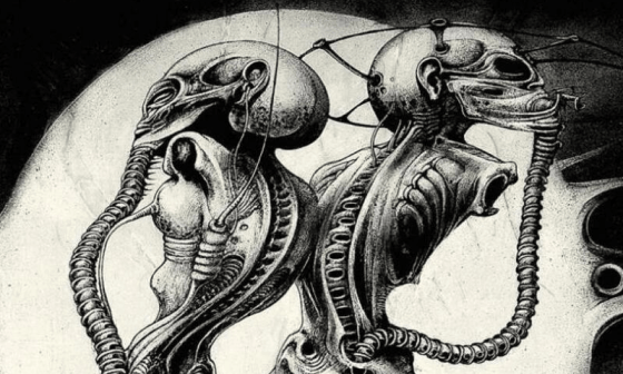 Ilustración sobre Cthulhu muestra a dos criaturas fantásticas, al fono un astro gigantesco.