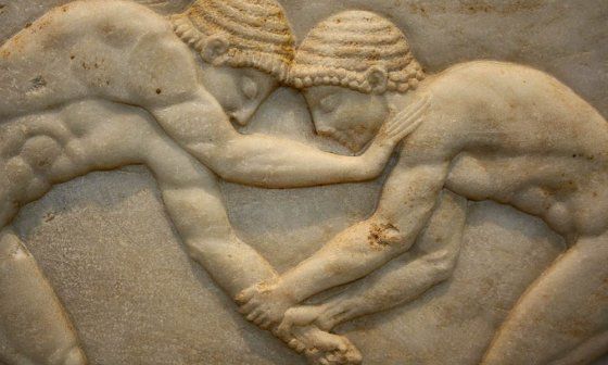 Luchadores griegos, bajorrelieve (510 a.n.e). Museo Arqueológico Nacional, Atenas, Grecia.