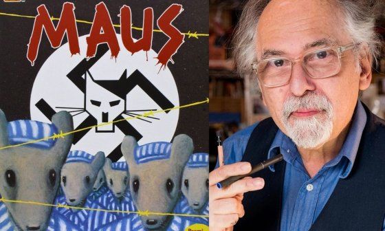 Cubierta de la novela gráfica "Maus" (1980-1991) y su autor, el artista estadounidense Art Spiegelman.