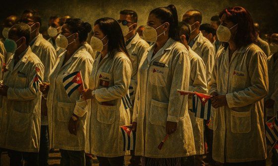 Médicos cubanos con banderas cubanas  en misión