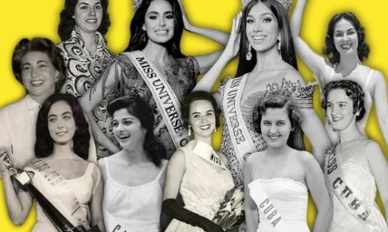 Montaje con las representantes de Cuba en Miss Universo a lo largo de la historia sobre fondo amarillo (1952-2025)